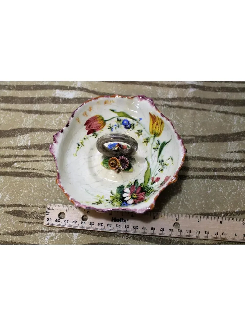 Antique Victorian Italian Majolica Relish Server, Handled Bowl, Colorful Flowers